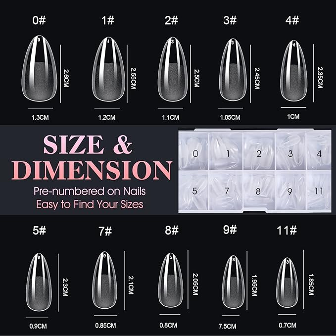 Gelike EC 240PCS Soft Gel Nail Tips Kit - Clear Cover Full Nail Extensions - Medium Almond Pre-Shaped Acrylic False Gelly Nail Tips 10 Sizes for DIY Salon Gift Nail Extensions