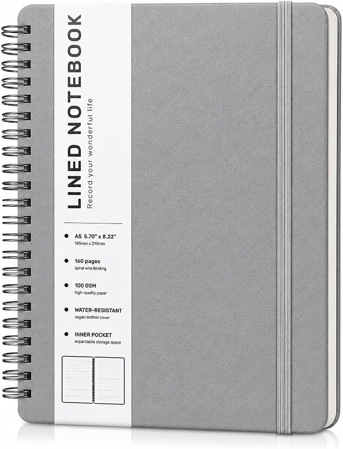 Lined Spiral Notebook for Women, A5 College Ruled Leather Spiral Journals | 160 Pages Small Journaling Notebooks, 5.7"x11" Note Book for Writing, Work, School, Men, Hardcover Leather Journals, Gray
