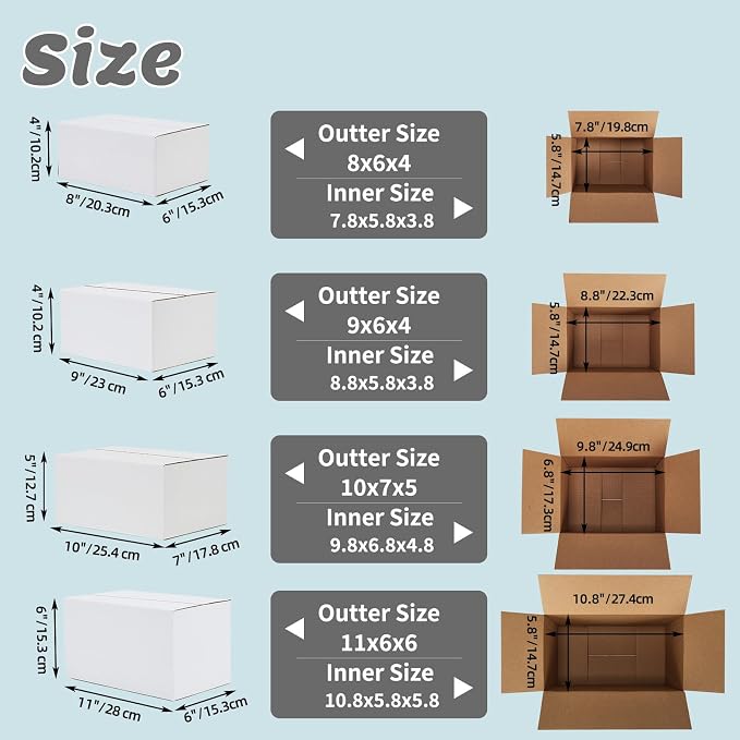 CRUGLA Assorted Sizes Shipping Boxes 40 Pack (11x6x6, 10x7x5, 9x6x4, 8x6x4), White Corrugated Cardboard Mailers, Each 10 PCS Small Boxes for Small Business Packaging, Shipping & Storage