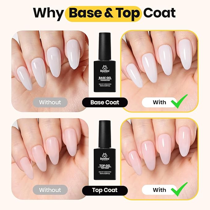 Beetles Builder Gel with Base & Top Coat Gel,3 Pcs Clear Builder Nail Gel,for Nail Strengthening Building Apex Extension for Beginner DIY Salon at Home,UV & LED Lamp Needed