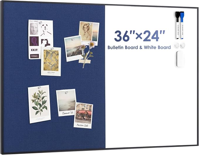 Cork Board White Board Combo for Wall | 36"X24" Linen Bulletin Board Whiteboard, Magnetic Dry Erase Corkboard for Home, Office, School, Blue