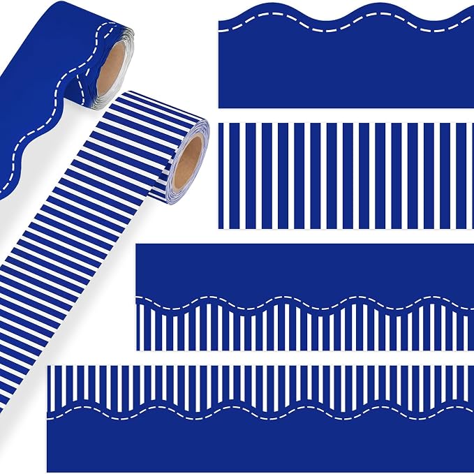 2 Rolls 65.6ft Navy Blue Striped Bulletin Board Borders Decoration Scalloped and Straight Edge Blue Bulletin Borders Board Trim for Office School Classroom Chalkboard Party Decoration