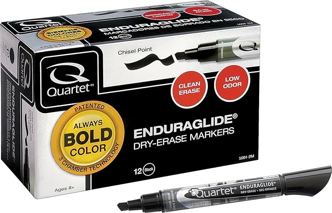 Quartet Dry Erase Markers, Whiteboard Markers, Chisel Tip, EnduraGlide, White Board Dry Erase Pens for Teachers, Home School & Office Supplies, Black, 12 Pack (5001-2M)