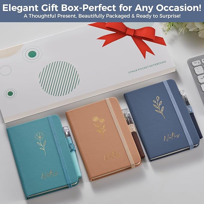 (3 Pack) Small Pocket Journaling Notebooks for Women/Men, 3.7" x 5.7" A6 Mini Diary Journal with Pen, 400 Pages 100GSM Paper, Cute Notebook Journal for Writing, Travel, Business, Work & School