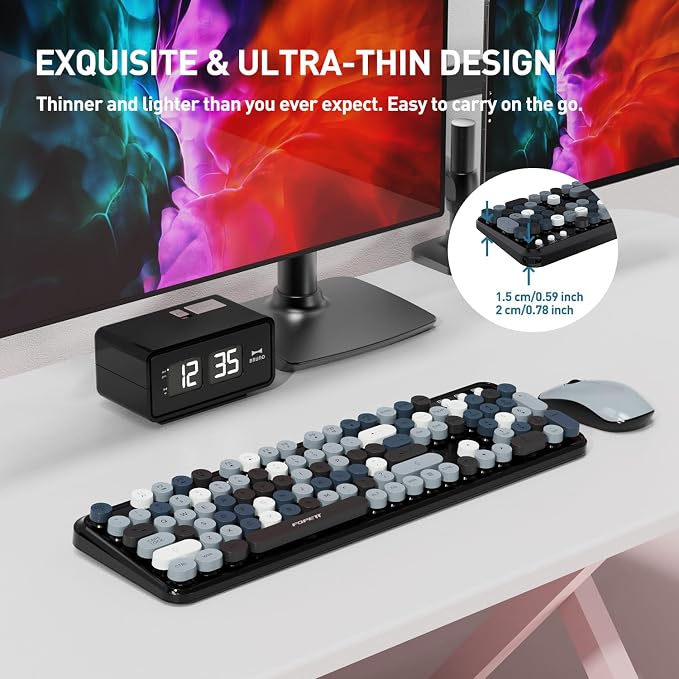 Wireless Keyboard and Mouse Combo, 105 Keys Full-Sized 2.4 GHz Round Keycap Colorful Keyboards, USB Receiver Plug and Play, for Windows, Mac, PC, Laptop, Desktop (Grey Colorful)