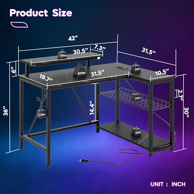 Bestier 42-Inch L-Shaped Gaming Desk with Charging & LED, Marble Black | Charging 2AC+USB+Type-C, RGB LED 7 Colors/20 Modes, Reversible Shelves, 3D Carbon Fiber, Headphone Hook, Small Space
