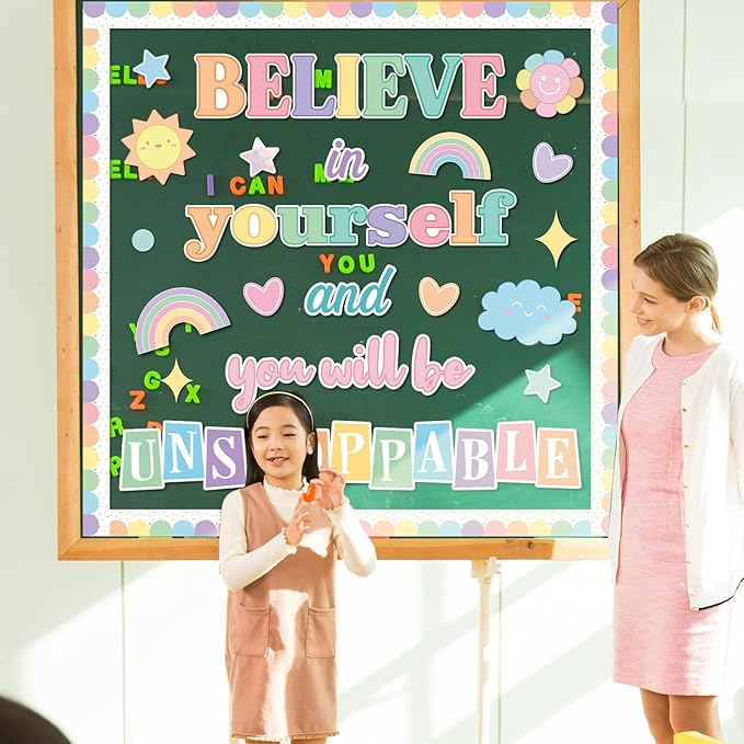 Believe in Yourself Bulletin Board Set Pastel Positive Saying Classroom Bulletin Board Decorations Motivational Cutouts for Back to School Classroom Kindergarten Elementary Middle School Wall Decor