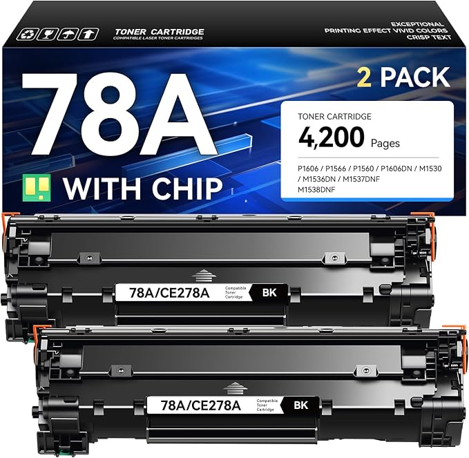 78A Toner Cartridge Black 2-Pack with Chip High Yield Replacement for HP 78A CE278A Toner Cartridges Compatible for HP LaserJet Pro MFP M1536dnf P1566 P1606dn Printer M1536 P1606 Series Ink All-in-One