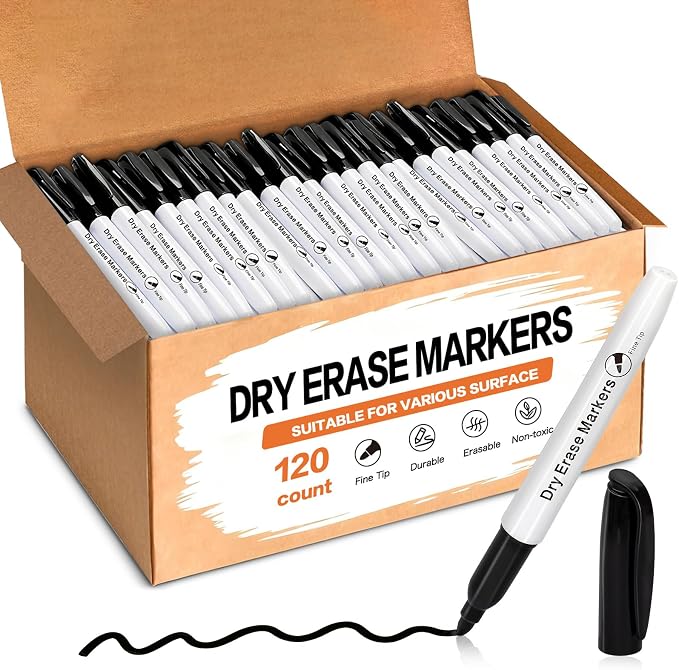 120 Pack Dry Erase Markers Bulk Black Whiteboard Markers Fine Tip Dry Pen | Washable Wipe-Clean Back to School Supplies for Teacher Students Must-have For Classroom Home Office
