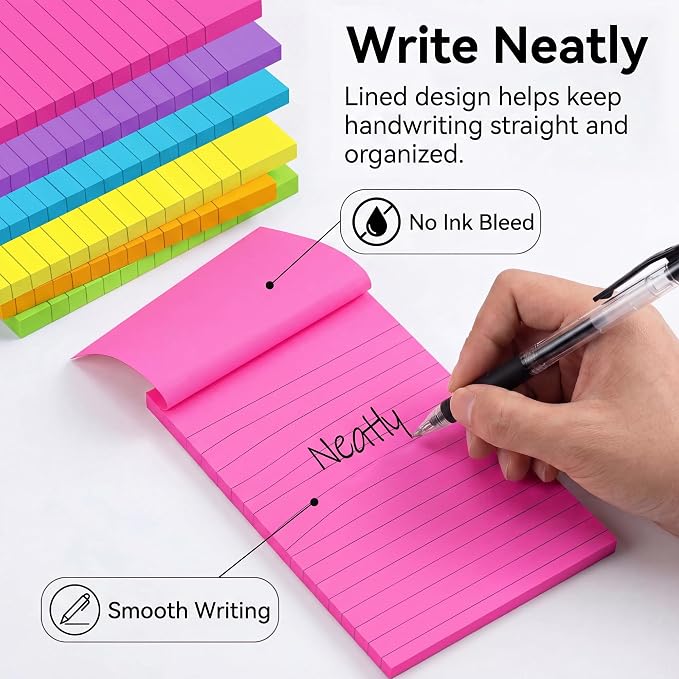 Lined Sticky Notes 4x6 in, Strong Adhesive Self Stick Note Pads | Sticky Notes with Lines, 6 Colorful Options, Perfect for Office, Classroom, Task Reminders, Smooth Writing(12 Pack)