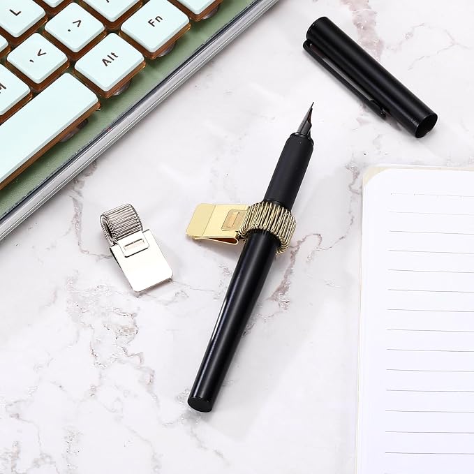 PATIKIL 2Pcs Pen Holder Clips, Metal Pen Clip Holder Adjustable Loop Pen Pencil Organizer with Single Spring Loop for Notebook, Clipboard, Silver Tone