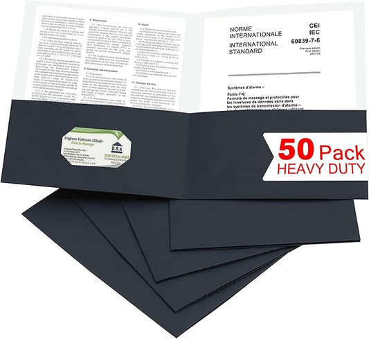 Zzrywuty 50 Packs Two Pocket File Folders with Business Card Slot,Letter Size,Holds 100 Sheets for School,Office,Business,Black