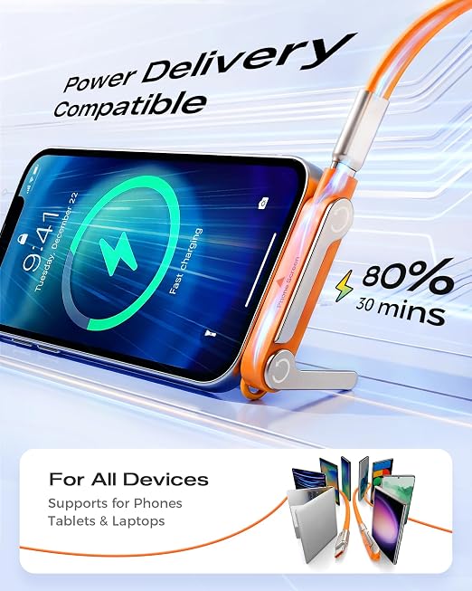 LOOHOI 240W Fast Charging USB-C to USB-C Cable with Built-in Phone Stand | Soft Silicone Invisible Stand Fast Charging Cord for Gaming, Desk Setup & Hands-Free Viewing (5FT, Orange)