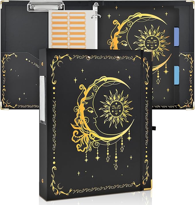 3 Ring Binder 1 Inch Three Ring Binder Cute Binder Fits A4 Paper Decorative Clipboard Binder with 5 Tab Dividers for School Office Supplies(Black Gold Sun Moon)