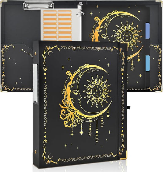 3 Ring Binder 1 Inch Three Ring Binder Cute Binder Fits A4 Paper Decorative Clipboard Binder with 5 Tab Dividers for School Office Supplies(Black Gold Sun Moon)