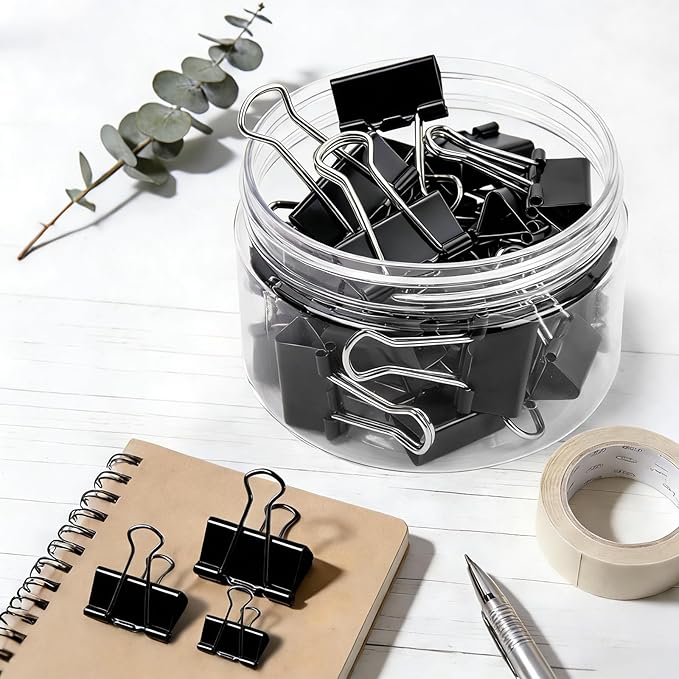 Binder Clips Assorted Sizes, Durable Metal Binder Clips for Office, Cute Desk Supplies for Teachers Student (60, Black)