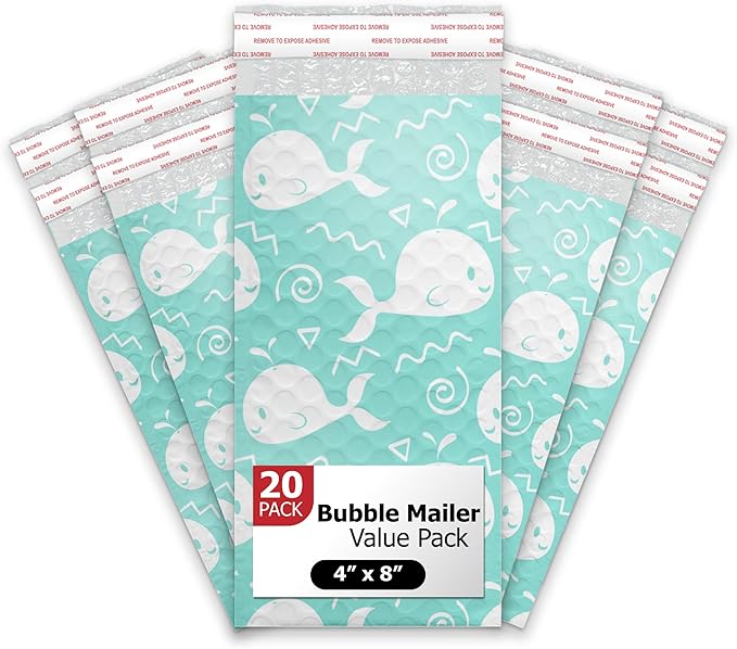 4x8 (20pcs) Blue Whales Designer Self Seal Poly Bubble Mailers Shipping Envelopes Padded Bags