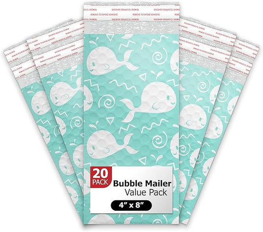 4x8 (20pcs) Blue Whales Designer Self Seal Poly Bubble Mailers Shipping Envelopes Padded Bags
