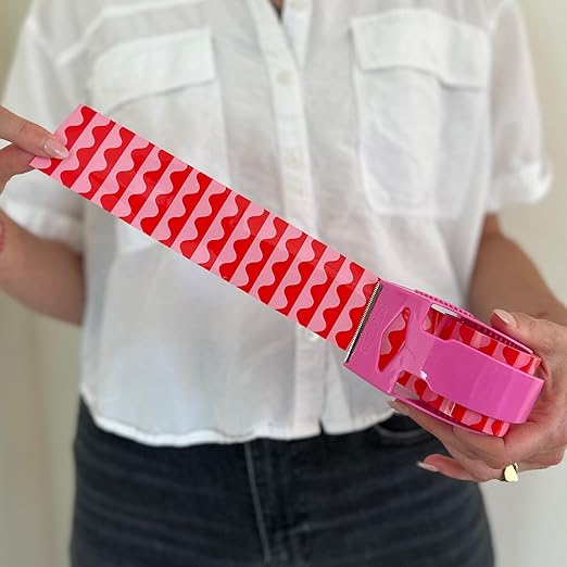 Decorative Packing Tape with Pink Dispenser – Pink & Red Wavy Pattern, 1.88" x 22.2 Yards – Cute Printed Shipping Tape for Gifts, Small Business Essentials, and Mailers