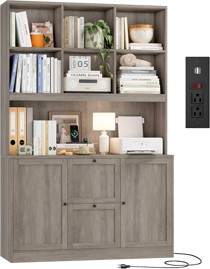 72'' Tall File Bookcase with Outlet & Printer Stand, 2 Filing Drawers | Bookshelf with Door & 2 Adjustable Drawers for Letter/A4 Hanging File, Wood File Cabinets For Home Office Storage, Ash Grey