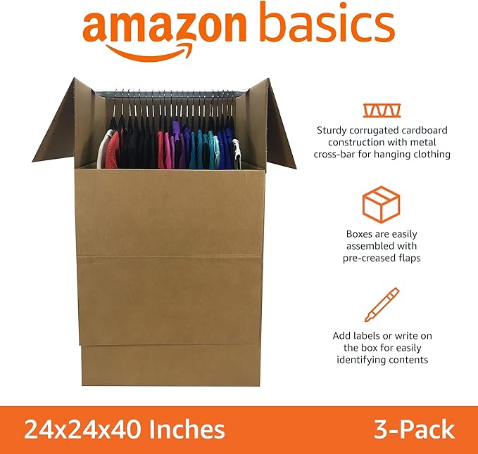 Amazon Basics Wardrobe Clothing Moving Boxes with Bar - 24" x 24" x 40", 3-Pack, Brown