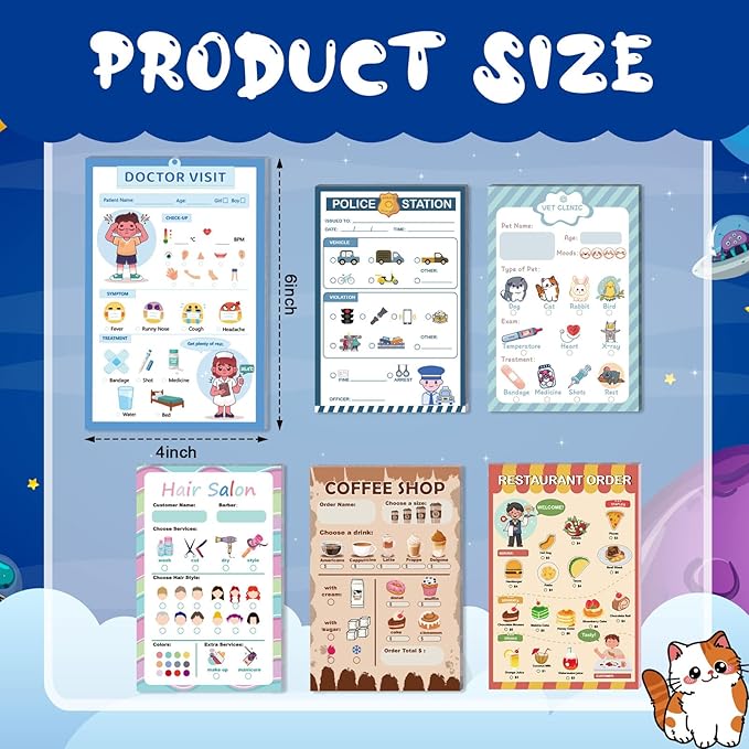 Kids Pretend Play Notepads 4X6 In Pretend Play Notebooks Playtime Notepads Variety Role Play Game Accessories Pages Each for Kids Toddlers 3-5(6,Coffee shop/restaurant/doctor/police/vet/salon)