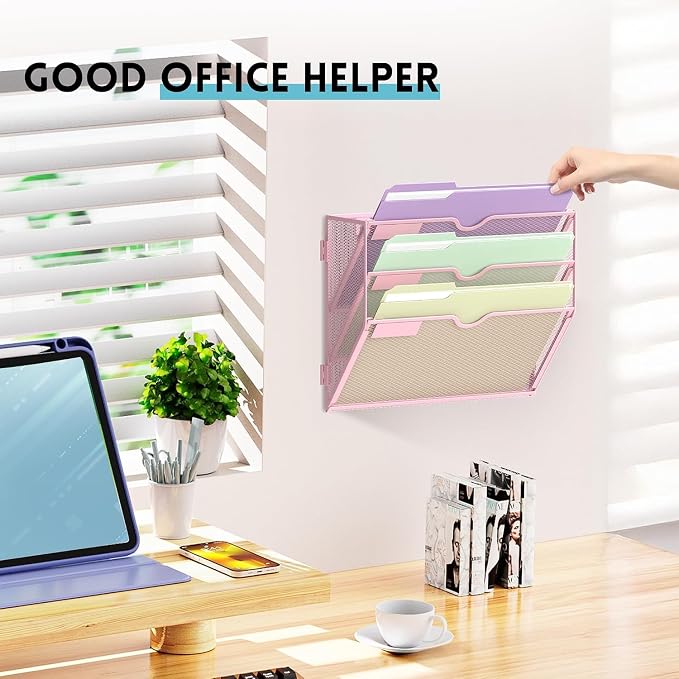 3 Tier Wall File Organizer, Hanging Wall Mounted Mail Organizer with Label Slots, Metal Mesh File Holder Magazine Rack for Office, Home, School, Pink