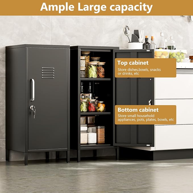 Metal Storage Locker,35.4" H Home Office Storage Lockers for Employees with 1 Locking Door ＆ 2 Adjustable Shelves,File Storage Cabinets forGarage, School, Office, Gym (Black)