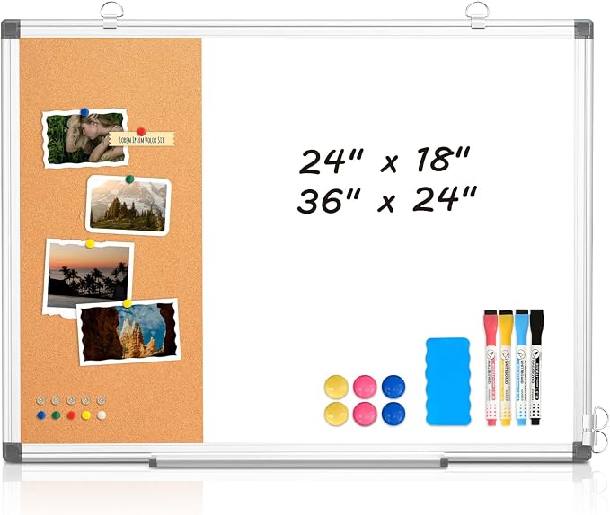 Magnetic Dry Erase White Board Cork Board Combo for Wall with Accessories | 36"x24" Vision Board Manifestation Whiteboard Corkboard Combination Aluminum Frame Home Office School Supplies ADHD Planner