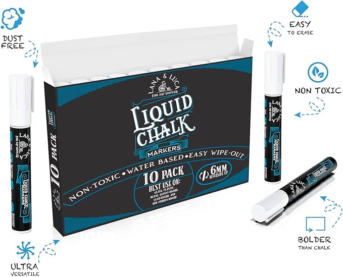 LANA & LUCA Liquid Chalk Marker Pen - White Dry Erase Marker - Chalkboard Markers for Signs, Windows, Blackboard, Glass - Reversible Tip (6mm, 10 Pack)