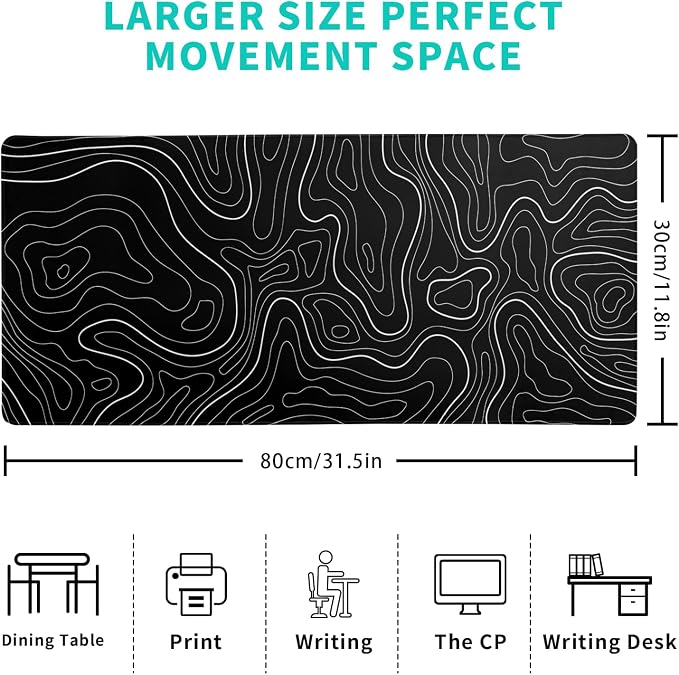 Topographic Contour Black Gaming Mouse Pad XL Geographic Map Lines Extended Big Large Desk Mat Non-Slip Rubber Base Stitched Edge Long Keyboard Mousepad for PC Computer Laptop,31.5x11.8 Inch