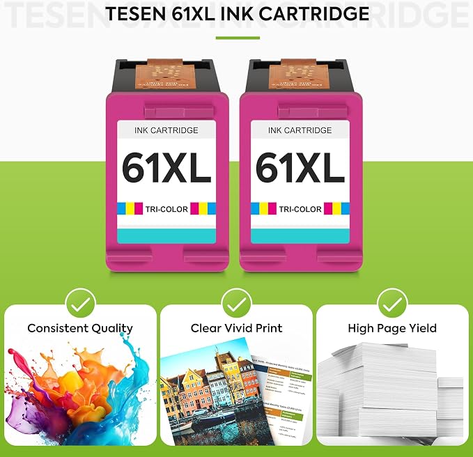 61XL ink 61 Color Replacement for HP 61 Color Ink Cartridge HP61 HP61XL | Compatible for HP Envy 5530 4500 4502 5535 Deskjet 2540 2541 3050 3510 1510 OfficeJet 4630 4632 Printer (Tir-Color 2-Pack)