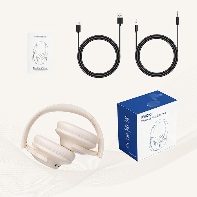 KVIDIO Bluetooth Headphones Wireless Over Ear Headsets 65H Playtime | Deep Bass, HiFi Stereo, Bluetooth 6.0, Microphone, Comfortable Fit, Foldable, Lightweight, Low Latency for Travel Home Office