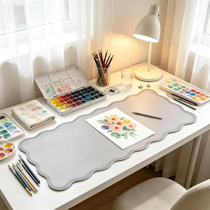 Grey Scalloped Desk Mat 31" x 15.7", Back to School Gift Large Keyboard Mouse Pad for Office Gaming Dorm Decor