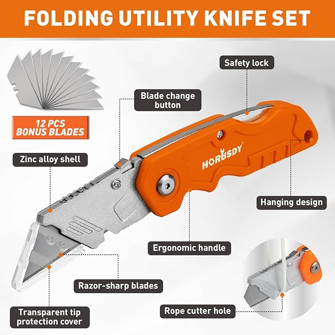 HORUSDY 4-Pack Folding Utility Knife Set, Heavy-Duty Box Cutters with 12 Extra Blades, Quick-Change Razor Knives with Color-Coded Handles (Green/Blue/Red/Orange) for Jobsite, Warehouse & Home Use