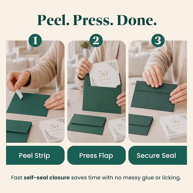 110 5x7 Pine Green Invitation Envelopes - for 5x7 Cards - A7 - (5 ¼ x 7 ¼ inches) - Perfect for Weddings, Graduation, Baby Shower - 120 GSM - Peel, Press & Self Seal - Square Flap