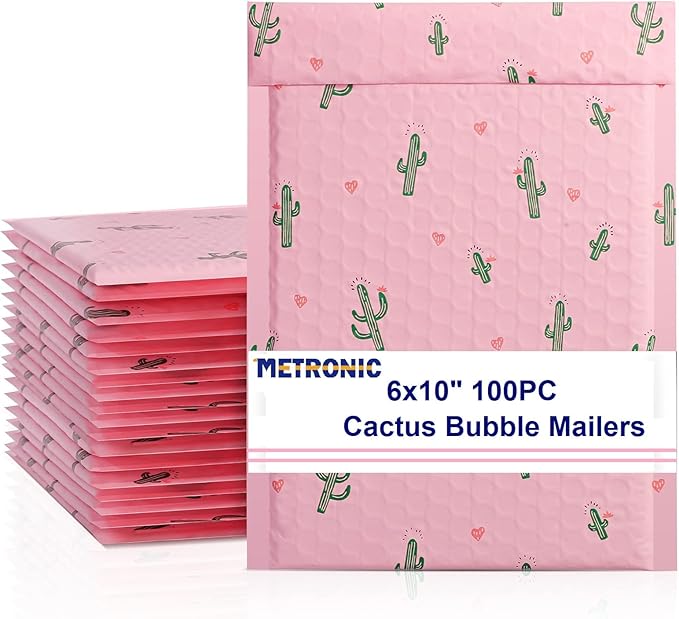 METRONIC Cute Bubble Mailers 6x10 Inch 100Pack Waterpoof Padded Envelopes Pink Bubble Mailers, Mailing Envelopes Bubble Padded for Packaging, Shipping, Mailing, Bubble Mailer Usable Size 6x9