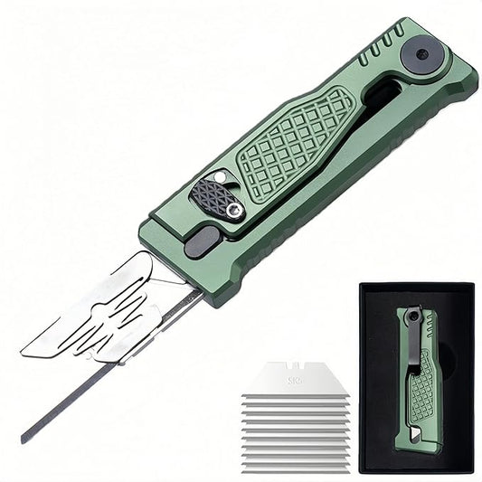 5.8" Aluminium Utility Knife, EDC Box Cutter with Clip, CNC Unibody, Lightweight All Metal Folding Box Cutter, Ideal Gifts for Men Women, with 10 Extra Blades（Green）