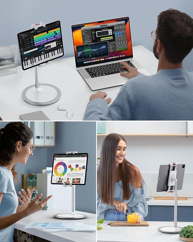 SAIJI iPad Stand for Desk - Height Adjustable & Weighted Base Phone Holder | Aluminum Stand with a 360° Rotating Clamp, Extra Tall, for iPad Air/Pro iPhone & Portable Monitor, Fits 4.7"–15.6" Screens