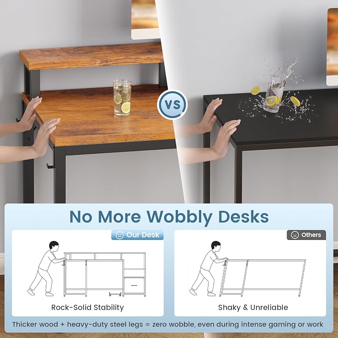 SEDETA 66" Reversible L Shaped Office Desk with Power Outlet, File Drawer | Home Office Computer Desk with Monitor Shelf, Storage Shelves, LED Lights, Rustic Brown for Corner Small Spaces