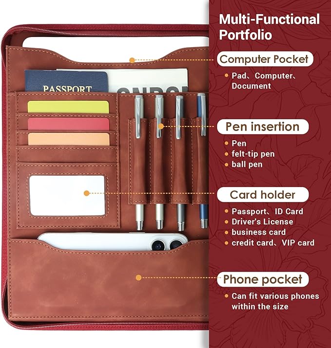 Western Embossed Faux Leather Zippered Padfolio with 3 Ring Binder, Executive Portfolio Organizer Binder for Women, Fits 13.9" Laptop/Tablet, Refillable Writing Pad Pocket, Red