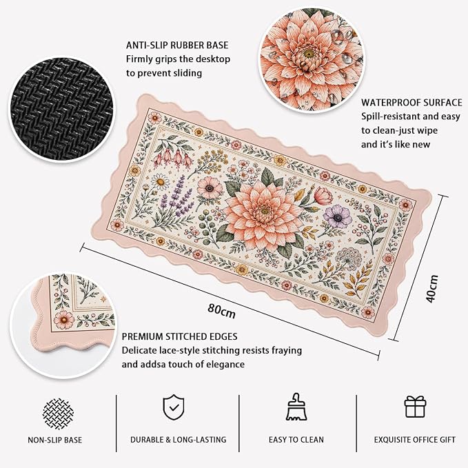 Vintage Floral Scalloped Desk Mat Peach Blossom Botanical Wildflower Extended Gaming Mouse Pad Mat with Stitched Edge Non-Slip Base Big Mouse Pad Office Computer Keyboard Laptop Home 31.5"x15.7"
