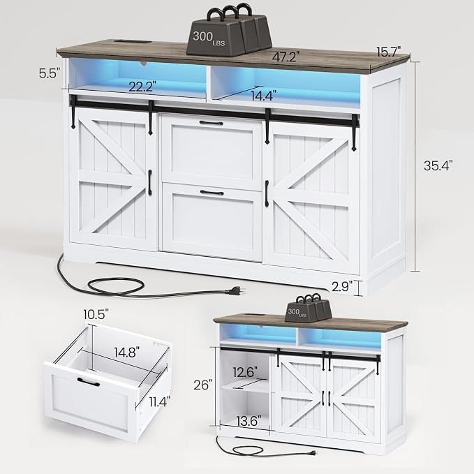 SEDETA 47.2" File Cabinet, 2 Drawers Filing Cabinets for Home Office fit Legal/Letter/A4 File, Farmhouse File Cabinet with Barn Door & Power Outlet, Printer Stand with Storage & LED Light, White+Grey