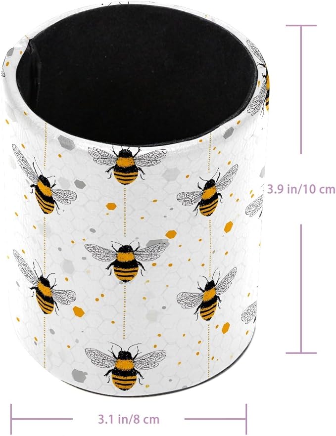 Leather Pen Holder for Desk, Bees Pencil Cup Pen Organizer Makeup Brush Holder for Office Home Kids Countertop Desk Accessory Storage
