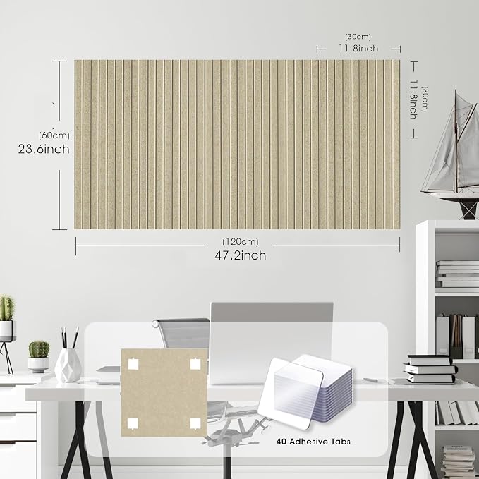 Large Felt Bulletin Board 48" x 24", Tan | 8 Pack Felt Tiles, 40 Adhesive Tabs, Cork Board Alternative for Walls, Push Pin Board for Home Office Decor