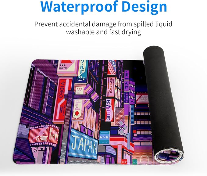 Dark Purple Japanese Gaming Mouse Pad Abstract Anime Mat 27.6x11.8 Inch Tokyo Pixel Street Texture Non-Slip Rubber Base Kawaii Mousepad Stitched Edges Keyboard Desk Pad for Office and Home Game