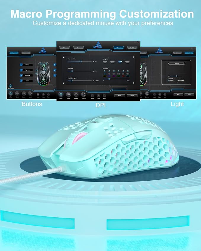 SOLAKAKA SM900 Green Wired Gaming Mouse with Honeycomb Shell,12800 DPI,7 Programmable Buttons,Lightweight Gaming Mice Ergonomic Computer Mouse Gaming for Windows/PC/Mac/Laptop Gamer