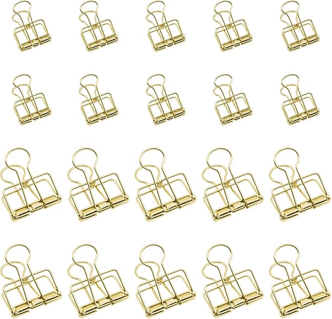 20 Pcs Hollow Out Long Tail Wire Binder Clips, 10 Medium + 10 Small | Gold, Assorted Sizes, Hollow Binder Clamps, Paper Binder Clips for Office School Supplies