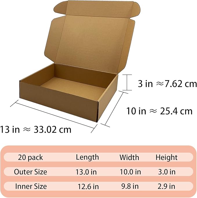 13 x 10 x 3 inch Shipping Boxes Set of 20， Brown Corrugated Cardboard Box Mailer Boxes for Packaging Small Business Shipping，Mailing Boxes Bulk for Birthday Wedding Party Book Literature Gift Giving