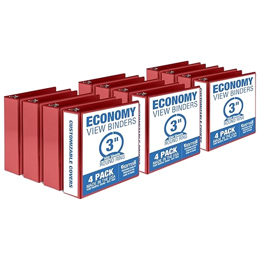 Samsill 3 Inch 3 Ring Binders, Economy Round Ring, Clear View Cover, 550 Sheet Capacity - for School, Home, Office - Red, 12 Pack